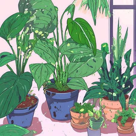 Anime Bild von vertrockneten, kaputten Zimmerpflanzen aufgrund Pflegefehler