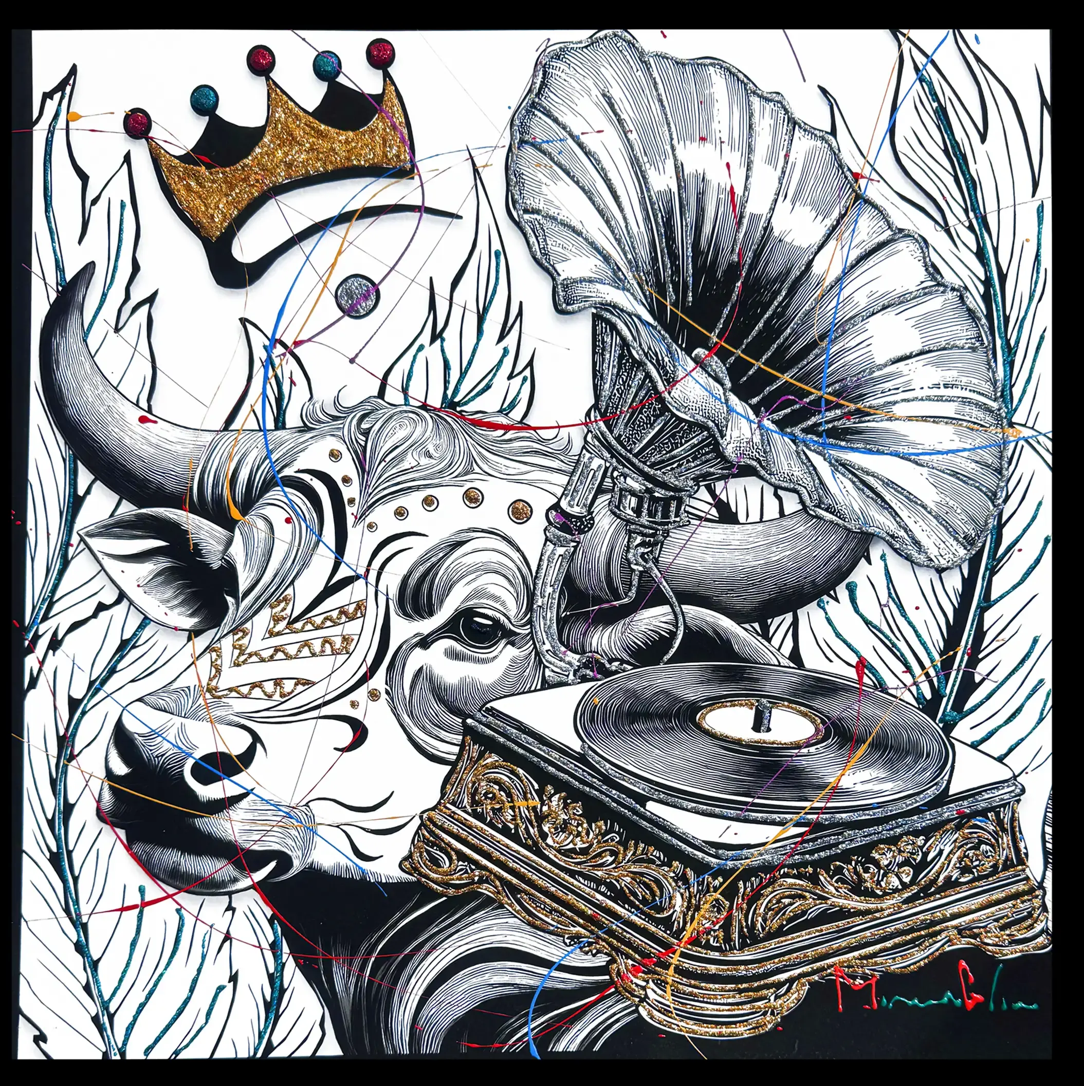 'Horns in the brush & Gramophone' B&W Highly hand embellished