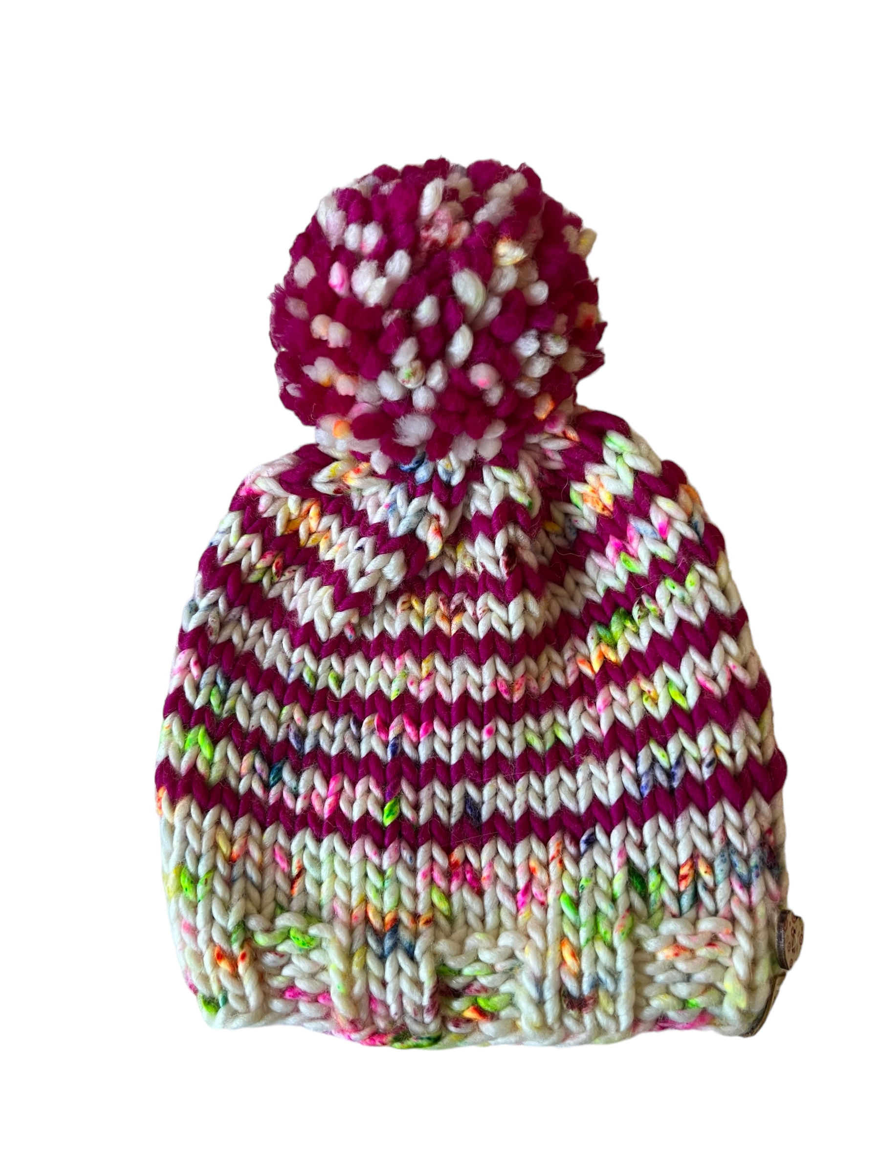 Fuchsia and speckles with yarn pom