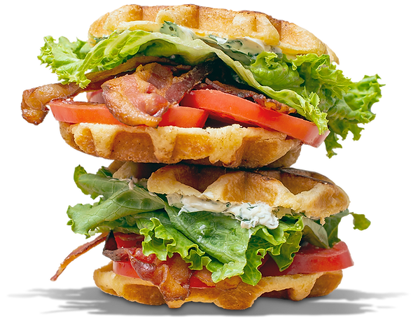 Hartybake Liège waffle bun sandwich stacked with fresh toppings, showcasing the Waffle Bun as a premium bread alternative for foodservice menus