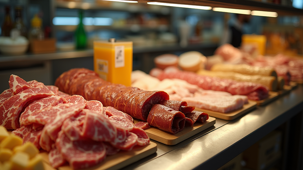 High angle view of a deli counter filled with Italian meats and cheeses