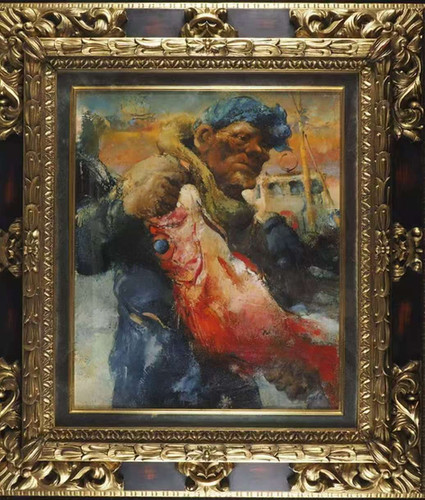 工藤和男　赤い魚と漁婦　油彩 工藤和男 『赤い魚と漁師』(2人) 油絵・油彩画 F0(0号) 絵画