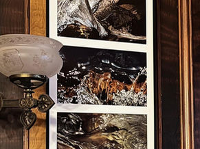 Wall lamp next to photographs of water