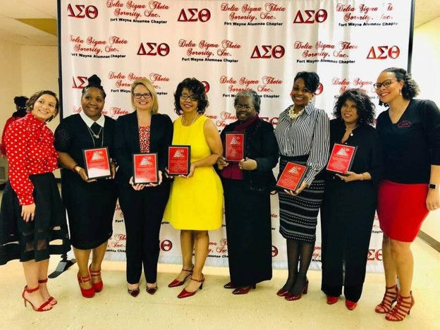 (Left to Right - Fort Wayne Alumnae Chapter Second Vice President - Amber Brown, Andrenette Montgomery, Courtney Tritch, Denise Jordan, Martha Hatch, Michel Chambers, Dr. Rae Pearson, & Tabitha Ervin.