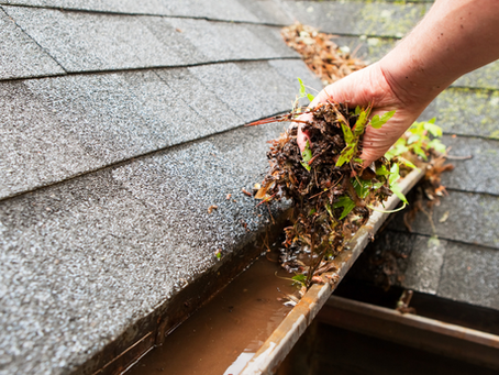 Close-up of a person removing wet leaves and debris from a clogged roof gutter filled with water.