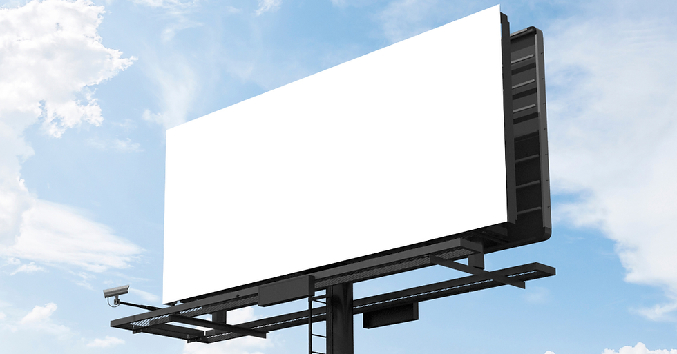 Large blank billboard against a blue sky with clouds. A security camera is mounted on the billboard's structure.