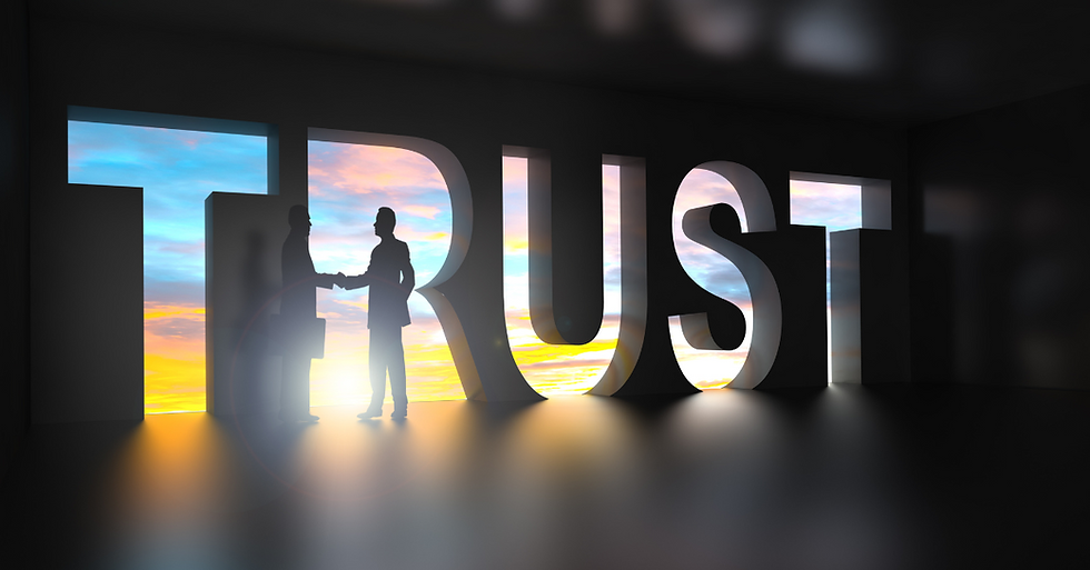 Silhouettes of two people shaking hands inside the word 'TRUST' with a bright sunset background, symbolizing business relationships built on consistency and credibility.