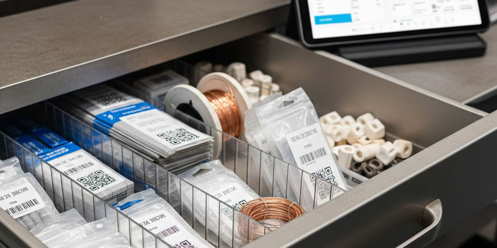 A high-angle close-up of an open tool drawer containing neatly partitioned sections. The drawer holds welding consumables like copper wire coils, ceramic nozzles, and bagged components with QR codes and barcodes for digital tracking.