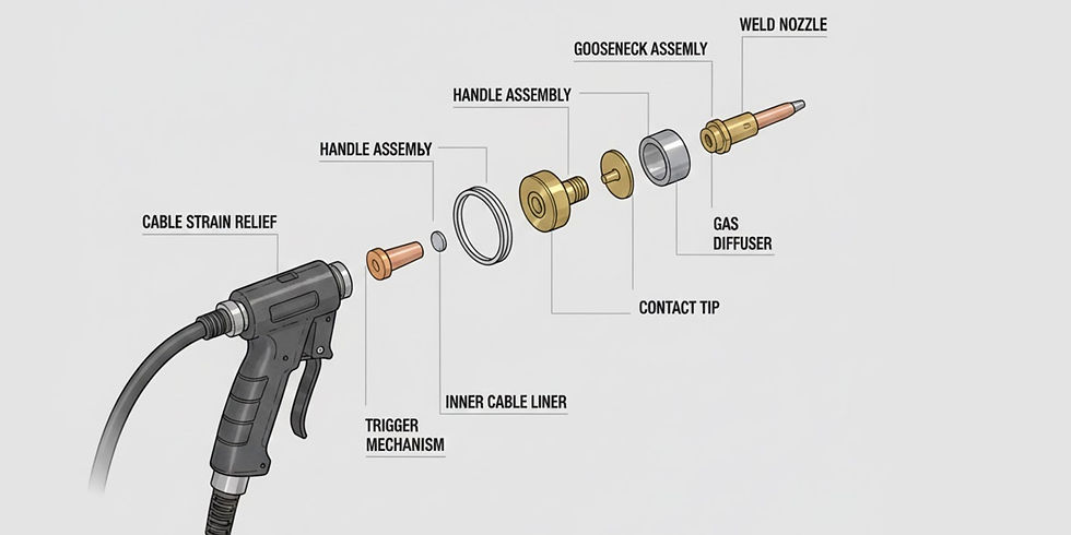 Exploded view diagram of a Tweco No. 4 MIG torch, clearly labeling its major components: trigger mechanism, handle assembly, cable strain relief, inner cable liner, gooseneck assembly, gas diffuser, contact tip, and weld nozzle.