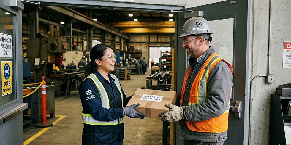A candid, documentary-style photograph capturing a female team member in a dark blue safety uniform, high-visibility vest, safety glasses, and work gloves, handing a neatly wrapped, cardboard-packaged order to a male workshop manager. The manager, wearing a rugged grey work jacket, orange high-visibility vest, hard hat, safety glasses, and work gloves, is happily receiving the package, looking warmly at the team member. Both are standing near the open door of a busy factory entry.