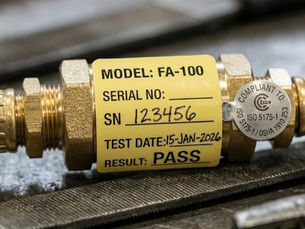 A close-up shot of a brass flashback arrestor (Model FA-100) installed on a welding hose. It features a bright yellow inspection tag with serial number 123456, a test date of 15-Jan-2026, and a "PASS" result.A close-up shot of a brass flashback arrestor (Model FA-100) installed on a welding hose. It features a bright yellow inspection tag with serial number 123456, a test date of 15-Jan-2026, and a "PASS" result.