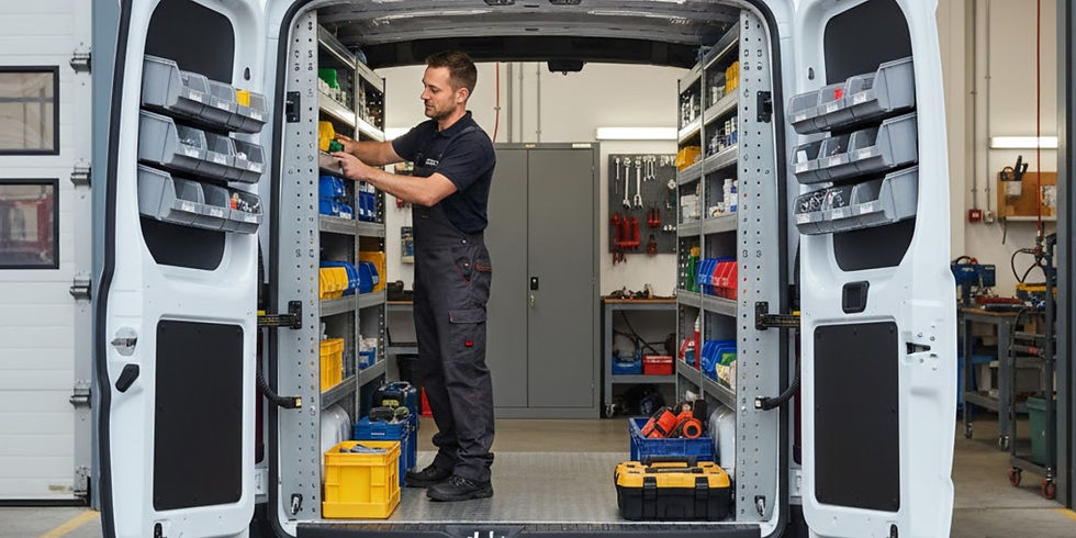 The interior of a service van equipped with professional shelving and bin systems. A technician in workwear is organizing small parts in yellow and blue bins. The van's rear doors are open, showing more storage bins attached to the interior panels.