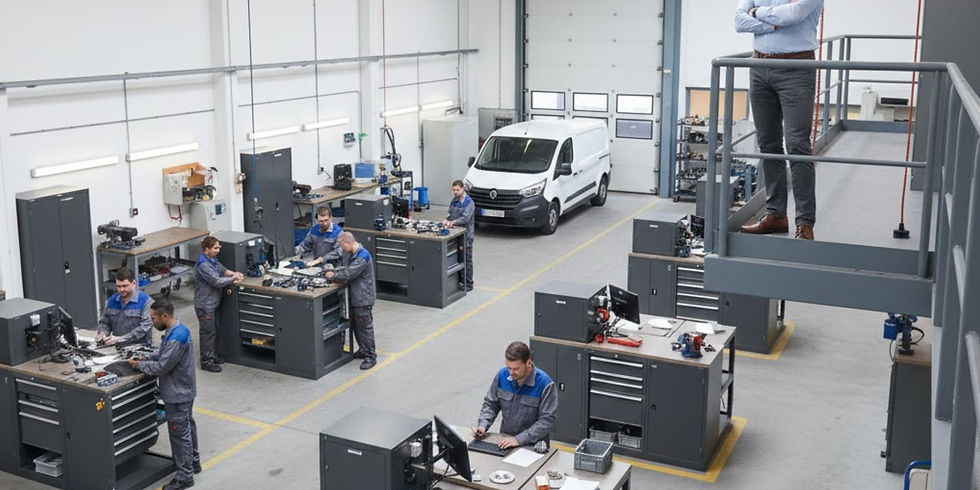 A high-angle, wide shot of a large, professional industrial facility. Multiple workers are stationed at individual grey workbenches, each equipped with its own set of drawers and computer monitors. A white service van is parked inside the clean, well-lit floor space.