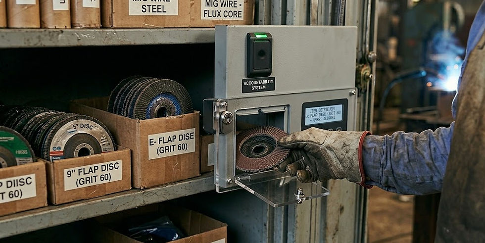 A close-up view of the central section of the system cabinet, focusing on the flap discs and accessories, where a gloved hand is accessing a specific item. A biometric or keypad lock interface is subtly visible on the cabinet frame above the item, indicating access control and accountability.