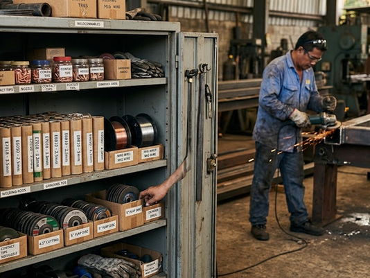 A close-up photograph of an open, labeled industrial supply cabinet in a busy fabrication workshop, with a blurry welder working on a metal structure in the background.