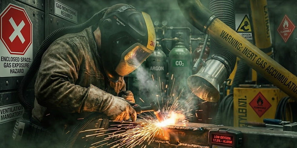 A safety-focused image of a welder working in an enclosed space filled with a light haze. High-visibility warning signs are superimposed on the walls, including an "Enclosed Space: Gas Exposure Hazard" sign and "Flammable Gas" icons. In the foreground, a digital gas monitor displays a "Low Oxygen: 17.5% - ALARM" warning, highlighting the dangers of inert gas accumulation and oxygen displacement.