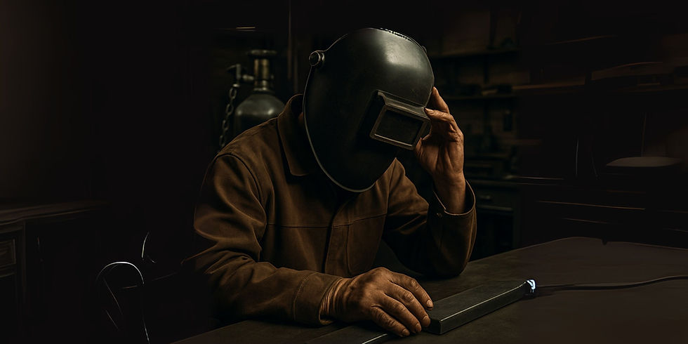 Close-up of experienced welder's hands pausing before striking arc - one hand adjusting helmet, gas bottle chains visible in background, clean organized workspace