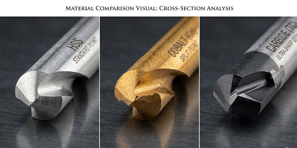 A three-panel macro cross-section graphic. The left panel shows a bright, silver high-speed steel (HSS) drill bit tip. The center panel shows an amber-toned, 135-degree split-point cobalt drill bit tip. The right panel shows a dark grey, ultra-sharp geometry carbide drill bit tip. Labels indicate the material and geometry for each.