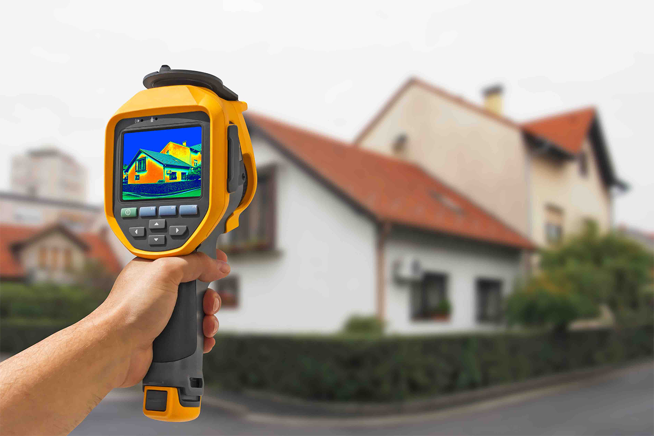 A photo of a thermal image camera and exterior of a home