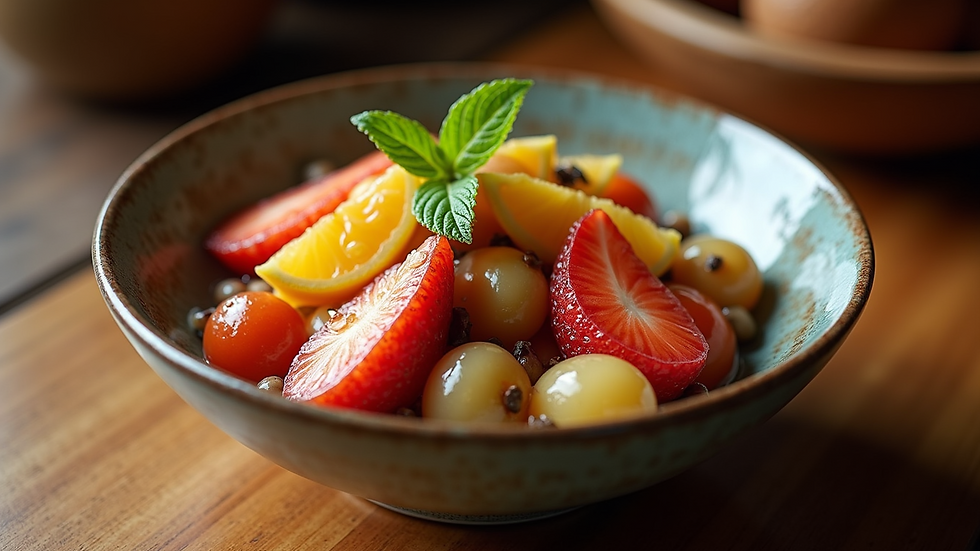 High angle view of a traditional Korean hwachae bowl with colorful fruits
