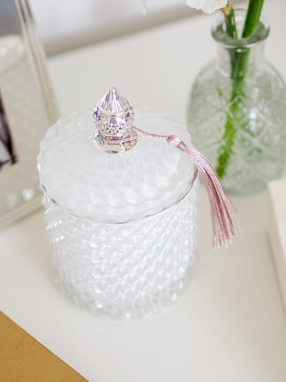 White Pressed Glass Candle (30cl)