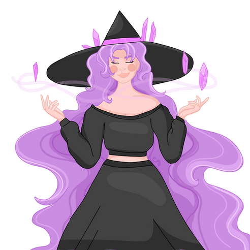 Illustration of a witch with long flowy hair, wearing all black.