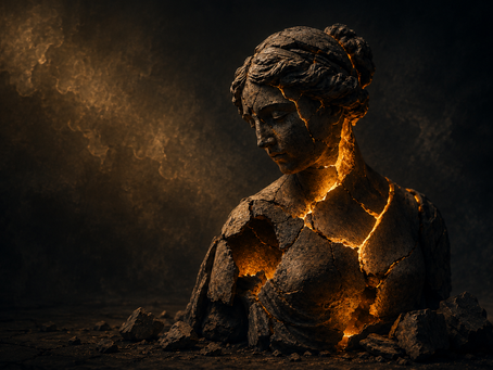 Cracked vessel glowing with light from within, symbolizing breaking down to reveal inner transformation.