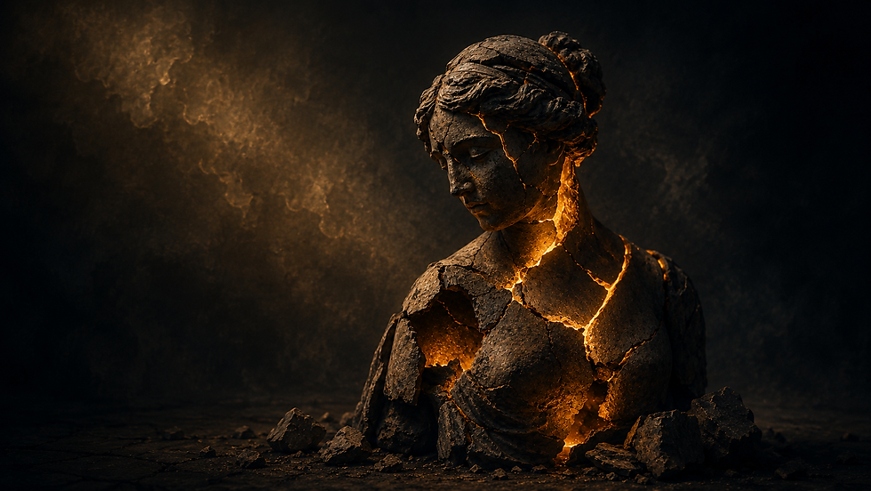 Cracked vessel glowing with light from within, symbolizing breaking down to reveal inner transformation.