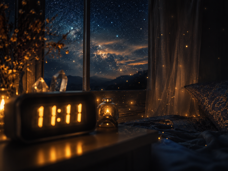 Bedside clock glowing 11:11 at night under a starry sky with drifting golden light, representing angel numbers and divine timing.