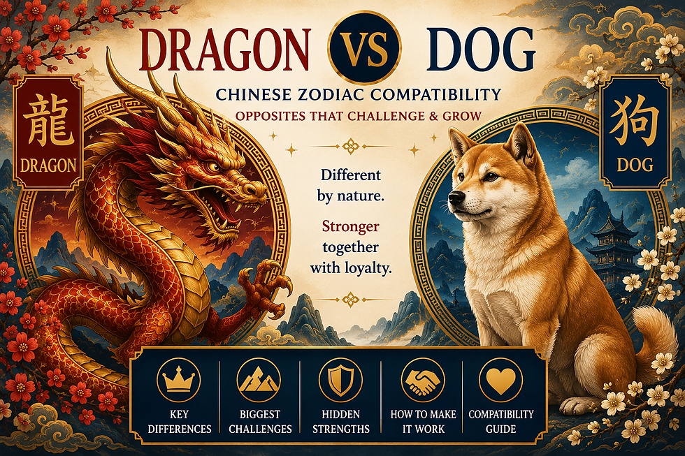 Infographic comparing Dragon and Dog Chinese Zodiac compatibility, including romance, friendship, marriage, communication, trust, finances, strengths, challenges, and compatibility score.