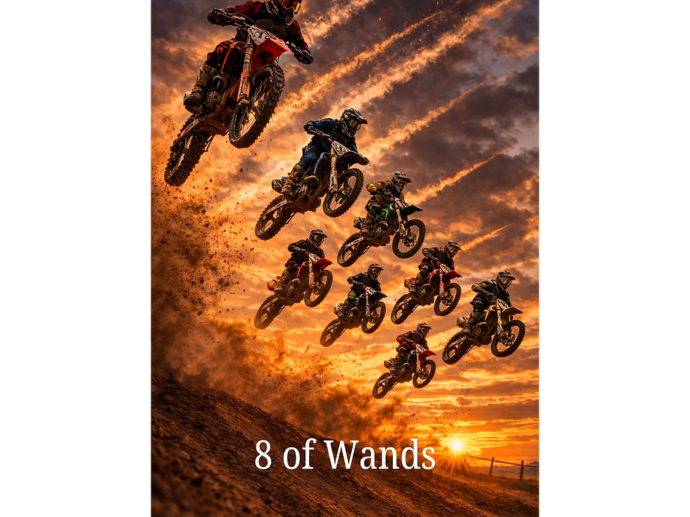 Thumbnail: 8 of Wands masculine tarot card with motocross riders