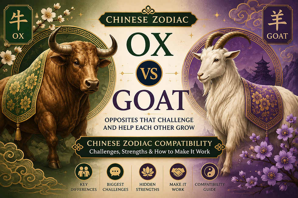 Infographic comparing Ox and Goat Chinese Zodiac compatibility, featuring love, friendship, marriage, communication, trust, finances, strengths, challenges, and overall compatibility rating.