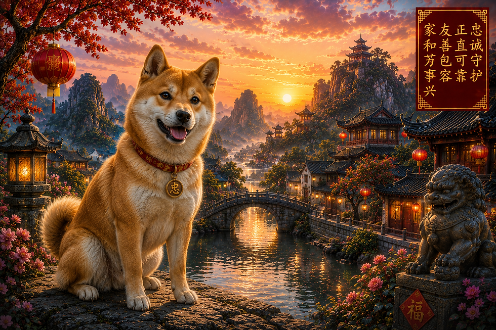 Dog Chinese Zodiac personality illustration featuring a loyal Shiba Inu overlooking a traditional Chinese village at sunset, symbolizing loyalty, honesty, protection, integrity, compassion, and unwavering devotion.