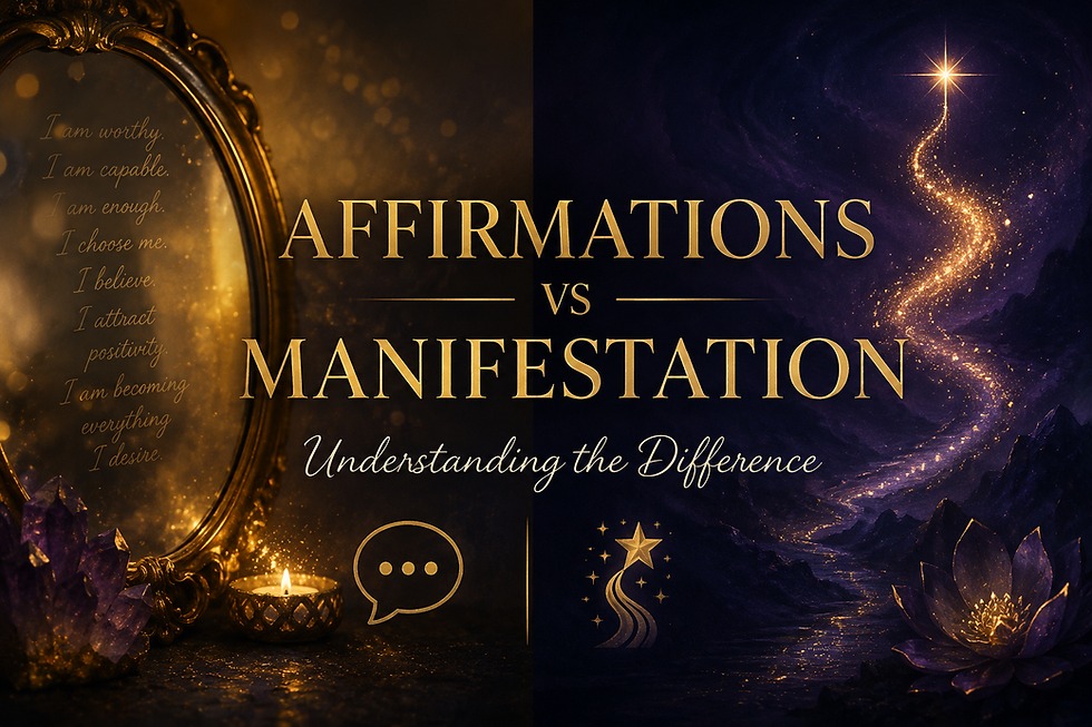 "Affirmations vs Manifestation: Understanding the Difference" title graphic with a split gold and indigo design symbolizing words and energy in motion.