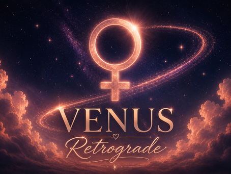 Glowing Venus symbol with a retrograde motion trail against a starry night sky, symbolizing Venus retrograde in astrology.