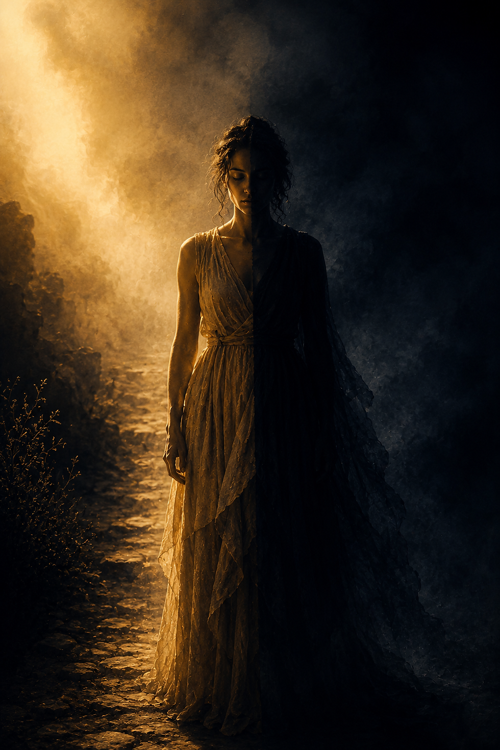 Figure standing between light and shadow, symbolizing self-integration and shadow work.
