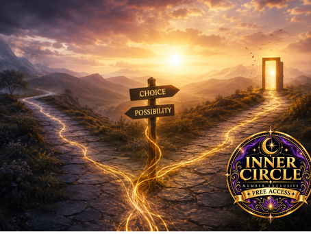 Alt text: Mystical crossroads with glowing golden paths leading toward choice, possibility, and an open doorway, symbolizing Kismet, divine timing, and free will.