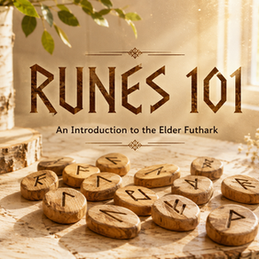 Wooden Elder Futhark rune stones scattered across a light birch surface in warm morning sunlight, with the title “Runes 101: An Introduction to the Elder Futhark.