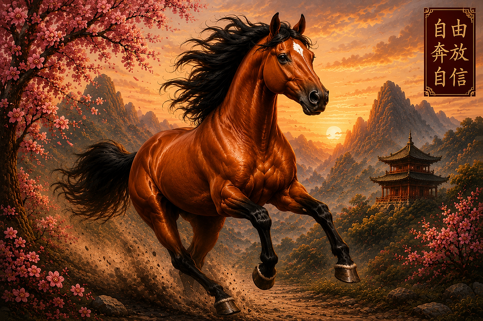 Horse Chinese Zodiac personality illustration showing a powerful chestnut horse symbolizing independence, confidence, freedom, and energetic leadership.