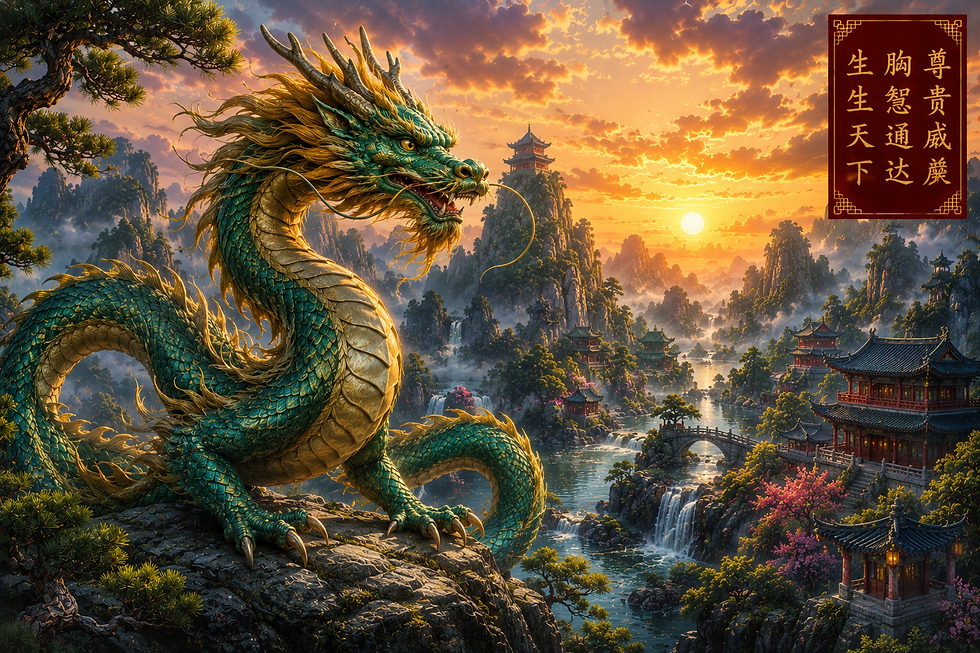 Dragon Chinese Zodiac personality illustration featuring a majestic emerald and gold dragon overlooking a mystical mountain valley at sunset, symbolizing strength, confidence, ambition, wisdom, leadership, and good fortune.