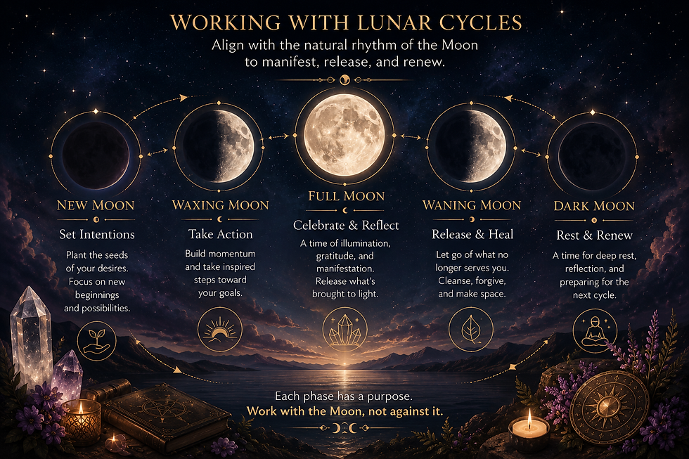 Moon phase infographic showing the New Moon, Waxing Moon, Full Moon, Waning Moon, and Dark Moon with their spiritual meanings and magical timing for manifestation, healing, and personal growth