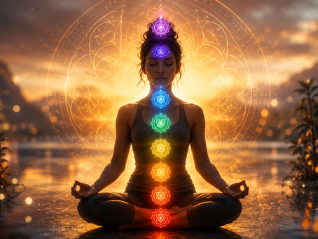 Serene woman meditating in lotus pose with seven glowing chakra centers aligned along her body, surrounded by golden light and sacred geometric patterns.