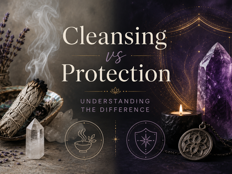 Sage smoke, clear quartz, amethyst, candle and protective amulet representing spiritual cleansing versus energetic protection.