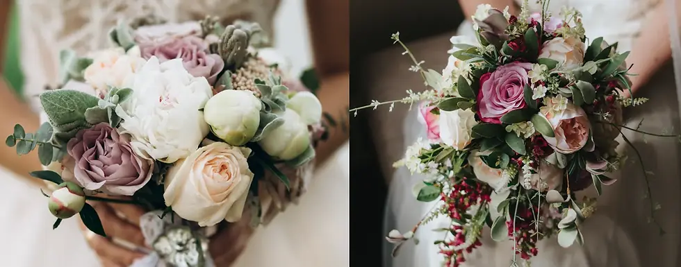 Bridal bouquets featuring dusty rose roses, cream peonies, and lush greenery for a customised wedding.