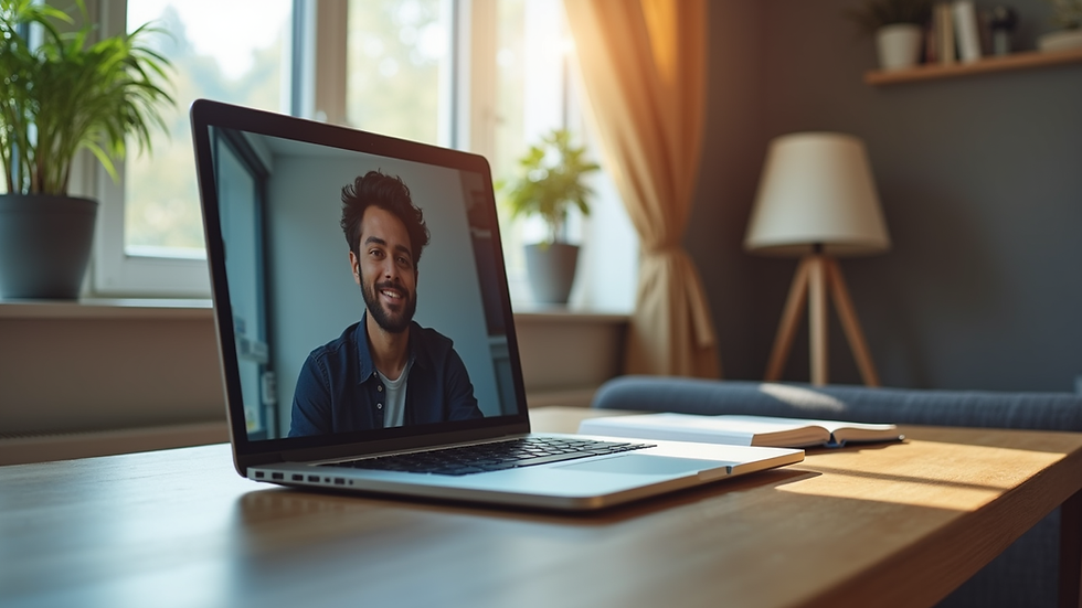 Eye-level view of a laptop on a desk with a virtual therapy session on screen
