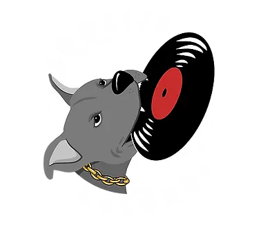 Logo design for a record label called LowLife Records featuring a hand drawn illustration of a Pitbull biting a vinyl record
