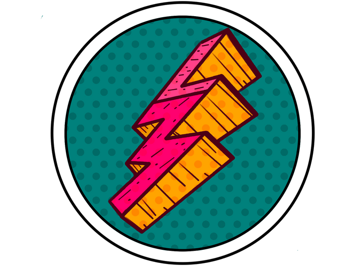 Desenho de um círculo com um raio que forma as letras L e M com estilo de quadrinhos de super herói. 