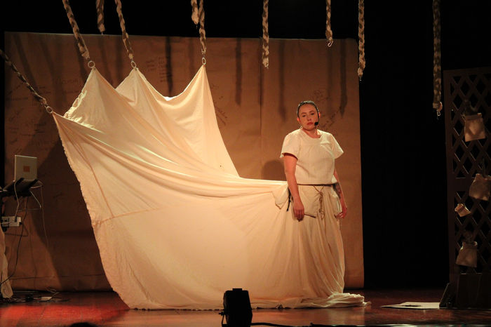 Foto de um palco com uma mulher usando uma saia gigante que é conectada ao cenário. Ao fundo um painel com várias assinaturas. Tons quentes.