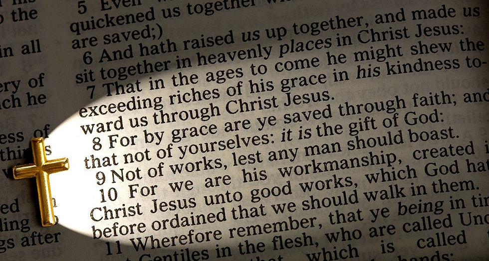 A highlighted Bible verse, Ephesians 2:8, with a golden cross to the left