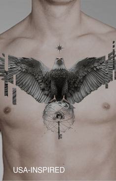The Vanderbilt Eagle I is available as a chest tattoo. This eagle, standing on the earth and blending with a key, is inspired by the majestic eagle at the entrance to Grand Central Terminal in Manhattan, New York City. Made by Apz, a tattoo artist based in Manhattan, New York City, working at Noble Art Tattoo Shop, specializing in classic realism tattoos and modern black and white techniques. You can explore new tattoo designs and ideas at ApzTattoo.com/designs. Apz also tattoos in Dubai, UAE, and Copenhagen, Denmark.
